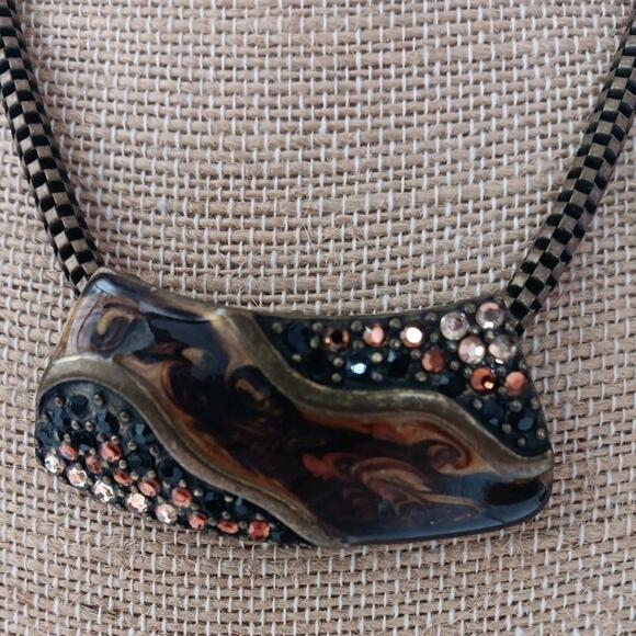 Chico's Brown & Black Enamel & Rhinestone  Pendant On Snake Chain, 3" Extender - Picture 1 of 9